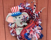 Patriotic Elephant Wreath with Firecrackers and Sparkler, Red White and Blue Wreath, 4th of July Wall Decorations, Shelly's Wreaths and More