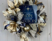 Rejoice Christmas Wreath, Religious Wreath, Blue and Gold Holiday Decorations, Christmas Decor, Indoor/Outdoor Design, ShellysWreathsNMore