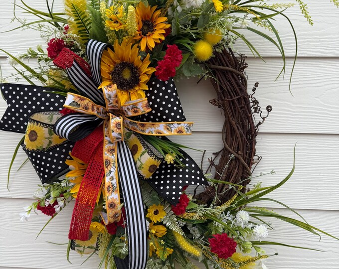 Sunflower Grapevine Wreath - Summer Door Decor, Farmhouse Floral Wreath ...