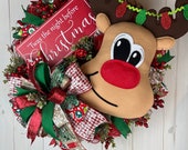 Reindeer Christmas Wreath, Holiday Decorations, Red Nosed Reindeer, Country Decor, Door Designs, ShellysWreathsNMore