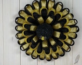 Bumble Bee Sunflower Wreath, Black and Yellow Mum Shaped Flower Wreath, Indoor/Outdoor Design, ShellysWreathsNMore