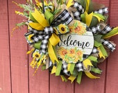 Welcome Wreath with Sunflowers, Country Designed Sunflower Wall Decorations, Indoor/Outdoor Design, ShellysWreathsNMore