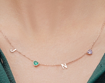 Personalized Heart Birthstone Necklace with Initial  - Grandma & Mother gifts - Heart and Initial Jewelry - Girlfriend Gift