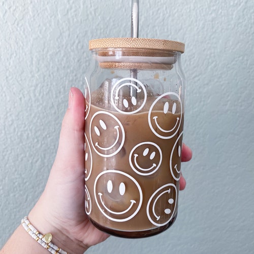 Smiley Face Cup Beer Glass Cup With Bamboo Lid Etsy UK
