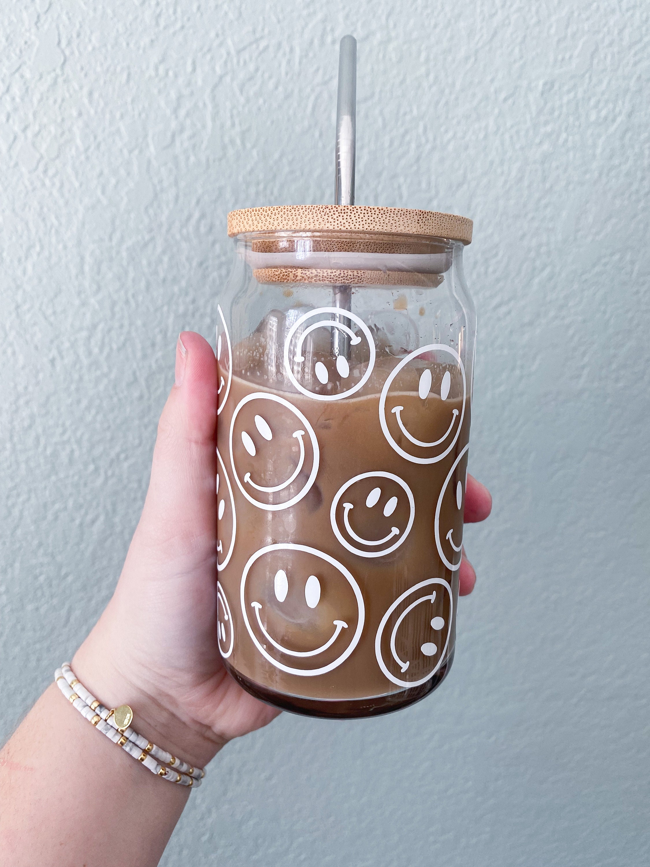 Sage Green Smiley Face Iced Coffee Glass Cup