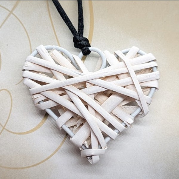 Pendentif coeur en osier rustique, collier cordon réglable, coeur en rotin naturel - Pendentif bohème