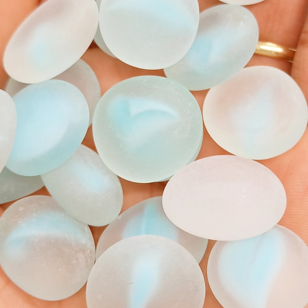 THREE (3) White Sea Glass with Blue Swirled  - Vintage Frosted Glass - Craft supplies