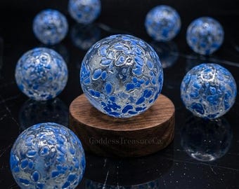 BLUE Embossed Speckled Glass Marble - Clear Base Tint - Vintage Sphere 16mm