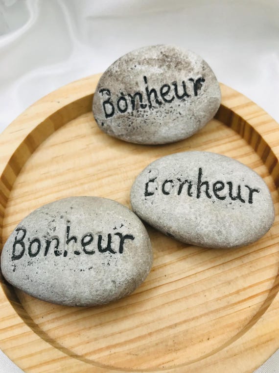 フランス語の文字が刻まれた小石 / 楕円形の彫刻された石、クラフト