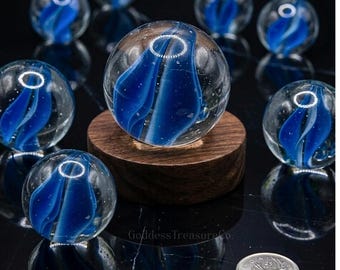 BLUE Swirl Glass Marble - Clear Tint Base, Vintage Sphere 24mm
