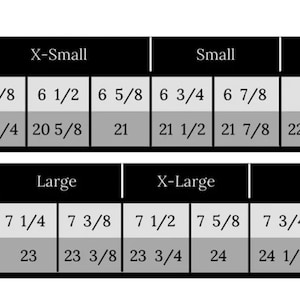 May include: A chart showing hat sizes in inches and corresponding hat sizes in fractions. The chart includes sizes from X-Small to 2XL.