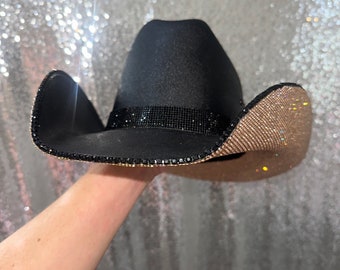 Black Square Straw Cowboy Hat With Champagne Rhinestones - Etsy