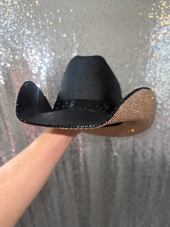 Black Square Straw Cowboy Hat With Champagne Rhinestones - Etsy display picture 2