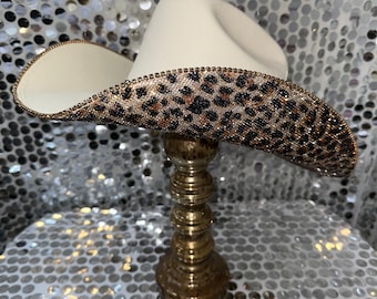 Sand Square Straw Cowboy Hat with Leopard Rhinestones