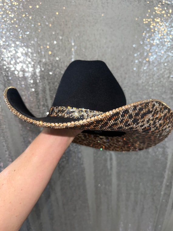 Black Felt Cowboy Hat With Leopard Rhinestones - Etsy display picture 2