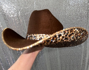 Brown Felt Cowboy Hat with Leopard Rhinestones
