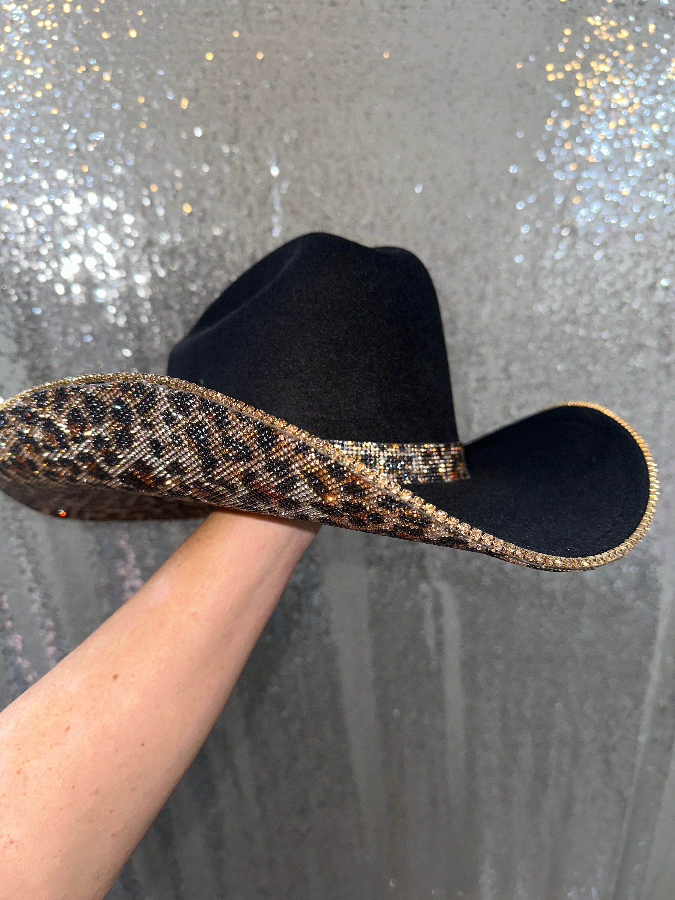 Black Felt Cowboy Hat with Leopard Rhinestones