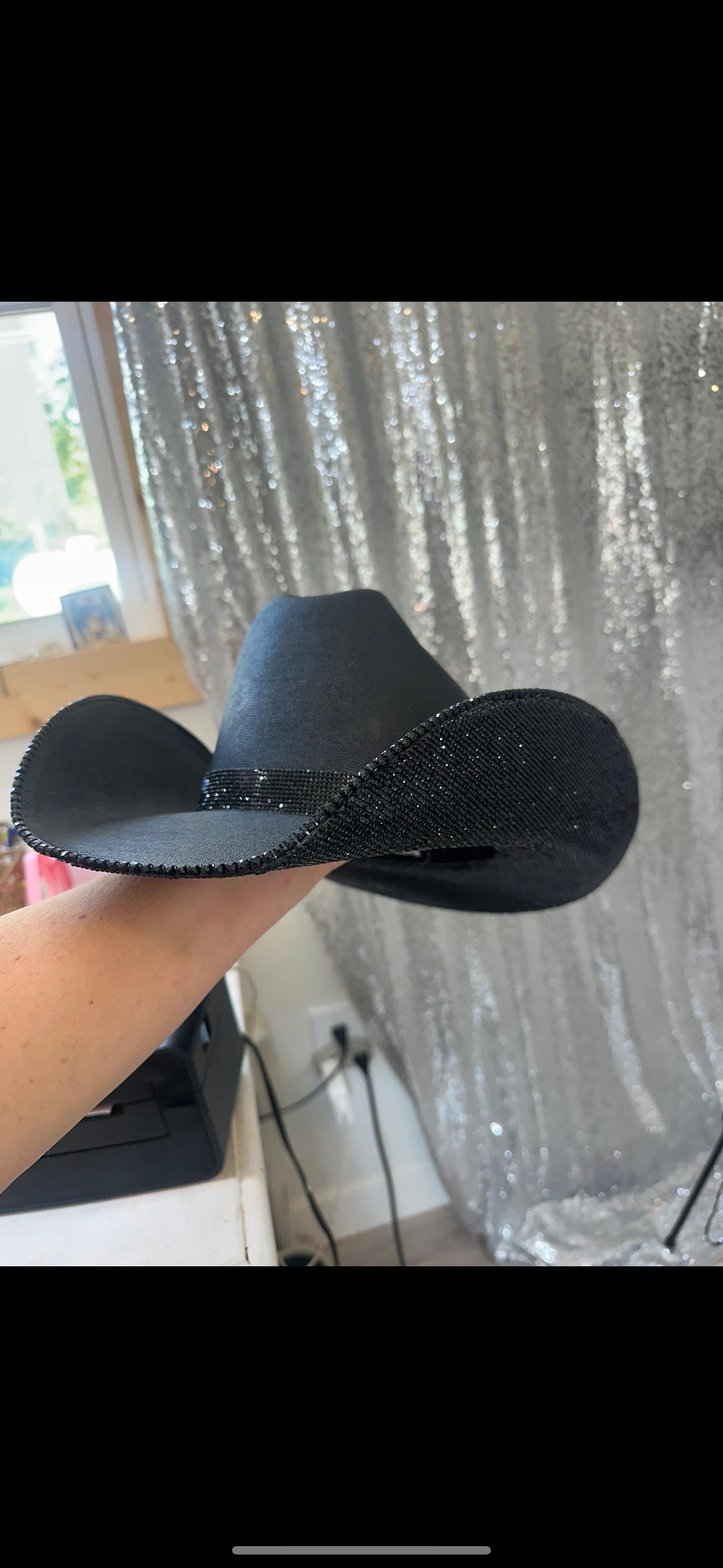 Black Square Straw Cowboy Hat With Black Rhinestones