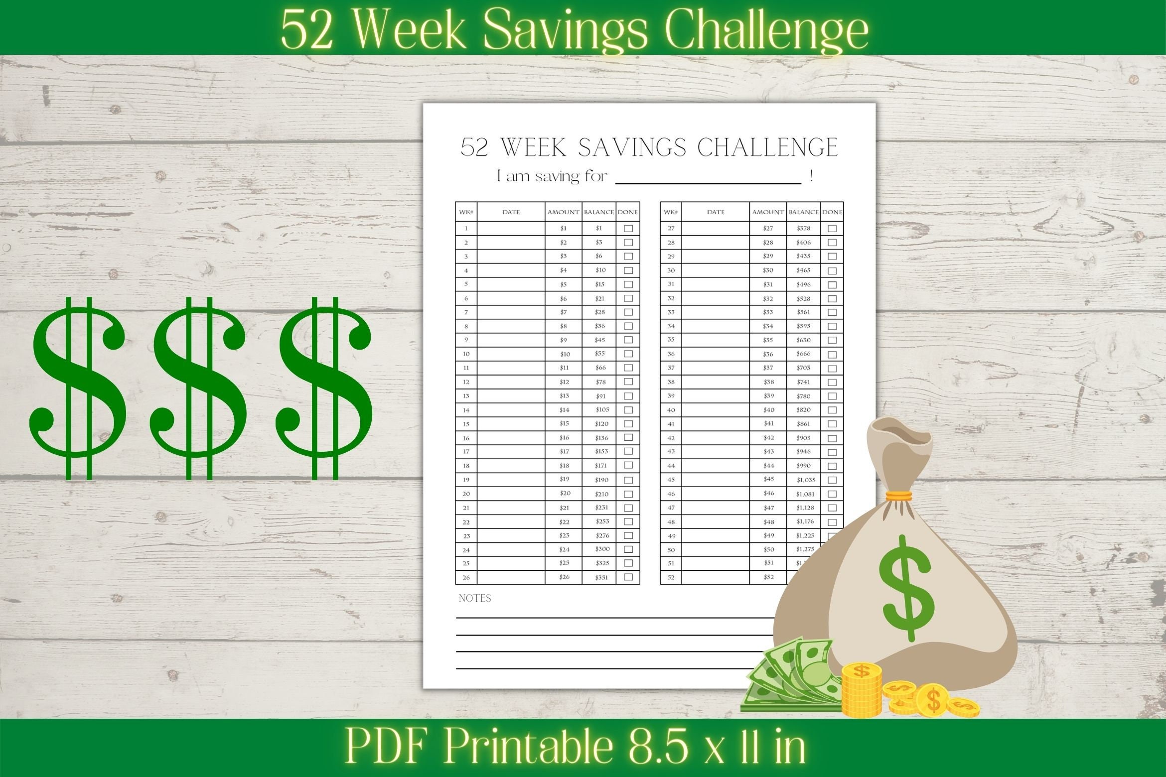 52 Week Savings Challenge Printable | 8.5 X 11 in PDF - Etsy