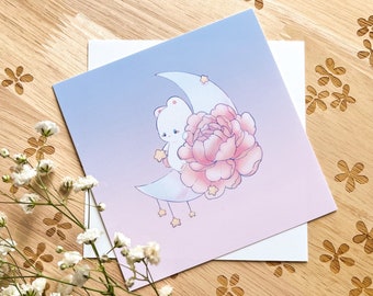Moon Peony Bunny | Square Art Print | Cute Art Print | Kawaii Art Print | Wall Art Print | Art Print | Kawaii Decor