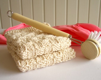 Traditional Hand Knitted Natural Colour Cotton Dishcloth, 8" Wide