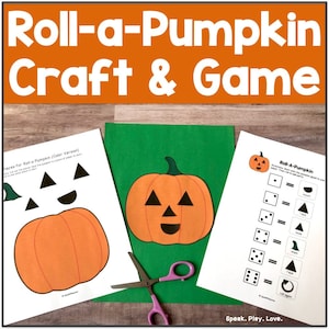 May include: A craft and game set with the text "Roll-a-Pumpkin Craft & Game". The image shows printed pumpkin cutouts, a green felt background, and scissors. One sheet has instructions and dice, another has pumpkin parts.