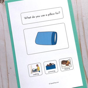 May include: A blue pillow with the question "What do you use a pillow for?" and three images below: a person washing dishes, a person swimming, and a person sleeping.