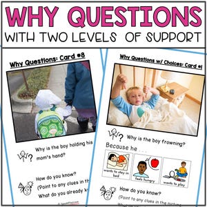 Pourquoi des cartes de questions imprimables ; Questions WH avec supports visuels ; Matériel d'orthophonie ; Cartes de tâche sur la parole et le langage ; Thérapie ABA