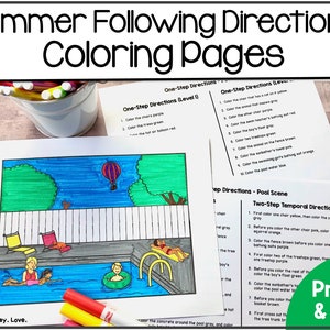 Printable Summer Following Directions Coloring Pages, Digital Download, Speech Therapy Coloring Sheets, OT, Occupational Therapy, ESOL