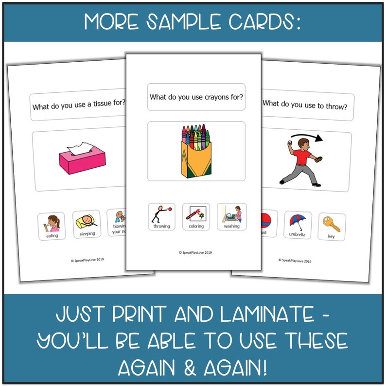 May include: Three printable cards with questions and images for a learning game. The first card asks "What do you use a tissue for?" and shows a box of tissues. The second card asks "What do you use crayons for?" and shows a box of crayons. The third card asks "What do you use to throw?" and shows a person throwing a ball.
