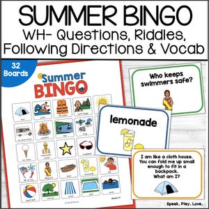 Afdrukbare zomerbingo-activiteit, 32 bingoborden, talen leren, homeschool game, zomerhuiswerk, logopedische materialen, ESOL