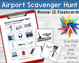 Printable Airport Scavenger Hunt for Kids, Airport Vocabulary Flashcards for Matching, iSpy Game for Air Travel, Plane Trip Activity