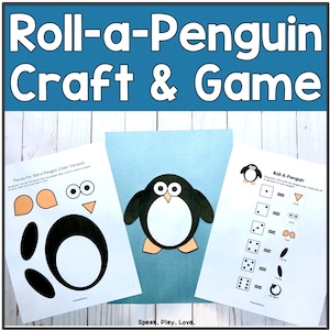 Puede incluir: Un juego de manualidades y juego titulado "Roll-a-Penguin". La imagen muestra instrucciones impresas y recortes de pingüinos. El pingüino es blanco y negro con patas y pico naranjas. El texto incluye "Craft & Game".