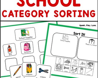 Printable School Category Sorting Activity, Speech Therapy, Special Education, Autism Materials, ABA Therapy, Preschool, Categories Sort
