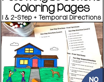 May include: A printable coloring page featuring a house with a front yard scene. The page includes one-step and two-step directions for coloring the image, including temporal directions like "before" and "after". The text "No Prep" is visible in the bottom right corner.