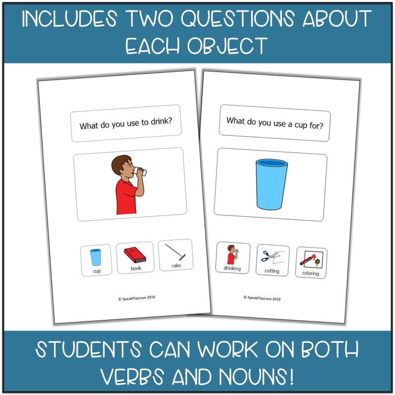 May include: Two printable worksheets for teaching verbs and nouns. The first worksheet shows a person drinking from a cup and asks "What do you use to drink?" with images of a cup, book, rake, drinking, cutting, and colouring. The second worksheet shows a blue cup and asks "What do you use a cup for?" with the same images.
