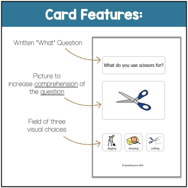 May include: A visual aid for teaching language skills. The card features a picture of scissors and the question "What do you use scissors for?"  The user is asked to choose from three options: digging, sleeping, or cutting.