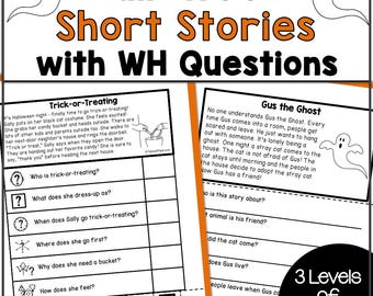Könnte beinhalten: Lehrreiches Arbeitsblatt zum Thema Halloween mit Kurzgeschichten und W-Fragen. Der Titel "Halloween Short Stories with WH Questions" ist in Orange und Schwarz gehalten. Das Arbeitsblatt enthält zwei Kurzgeschichten, "Trick-or-Treating" und "Gus the Ghost", mit Verständnisfragen.