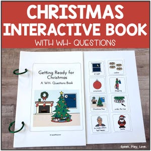 May include: A Christmas Interactive Book with the title "Getting Ready for Christmas". The book has illustrations of Christmas-themed images, including a Christmas tree, ornaments, and Santa. The book is bound with green metal rings.
