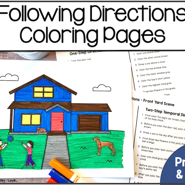 Printable Following Directions Coloring Pages, Speech Therapy Coloring Sheets for Kids, Occupational Therapy Activity, OT,  ESOL Materials