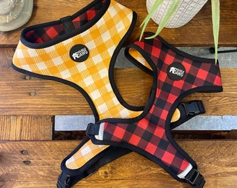 Arnés para perros / Arnés reversible a cuadros / Arnés para perros a cuadros rojos / Arnés para perros a cuadros mostaza / Arnés reversible para perros / Conjunto de arneses para perros