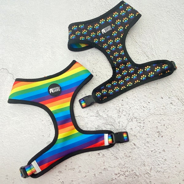 Arnés de perro / Arnés de perro arcoíris / Arnés de perro con patas de arco iris / Arnés de perro orgullo / Arnés de perro reversible / Conjunto de arnés de perro