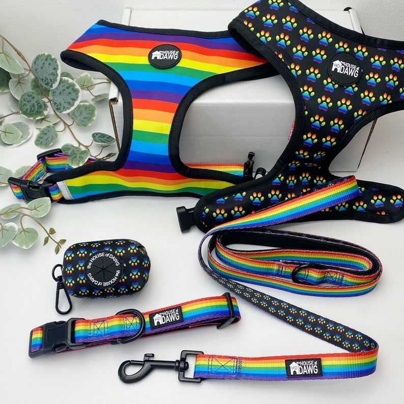 May include: A rainbow and black dog harness and leash set with paw print designs. The set includes a harness, leash, and poop bag holder. The harness and leash are both rainbow colored with black paw prints. The poop bag holder is black with white paw prints. The set is labeled "House of Dawg".