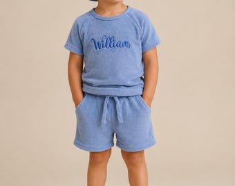 Summer Personalized 3pcs Towelling Sets Embroidered Kids Personalised T-shirt & Shorts Baby Toddler Outfit Matching Sibling Beach Outfit