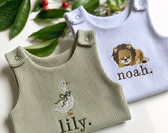 Personalised Baby Gift Dungarees Romper | First Birthday or Baby Announcement and Baby Shower Gift Name Safari Overalls Personalized Gift