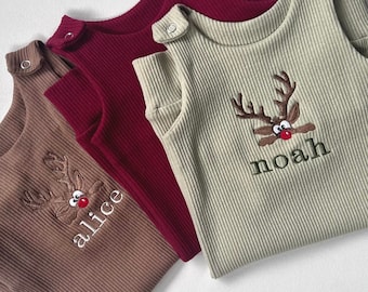 Christmas Gift Reindeer Personalised Baby Dungarees Romper |Embroidered Baby Overalls|Autumn|Winter Outfit Name or Initials UNISEX Clothing
