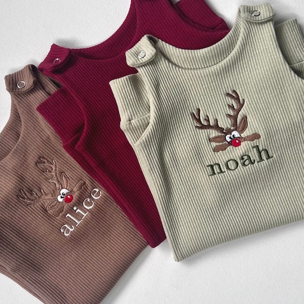 Mameluco de bebé con diseño de reno personalizado / Conjunto navideño bordado personalizado / Primer regalo de Navidad para bebé / Conjunto navideño para bebé