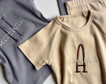 Summer Personalised Child Ribbed Sets | Embroidered Kids Sets |Personalised T-Shirt & Shorts Summer Outfit Name or Initials UNISEX Clothing