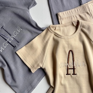Summer Personalised Child Ribbed Sets Embroidered Kids Sets Personalised T-Shirt & Shorts Summer Outfit Name or Initials UNISEX Clothing image 1
