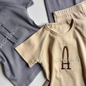 Summer Personalised Child Ribbed Sets Embroidered Kids Sets Personalised T-Shirt & Shorts Summer Outfit Name or Initials UNISEX Clothing image 1